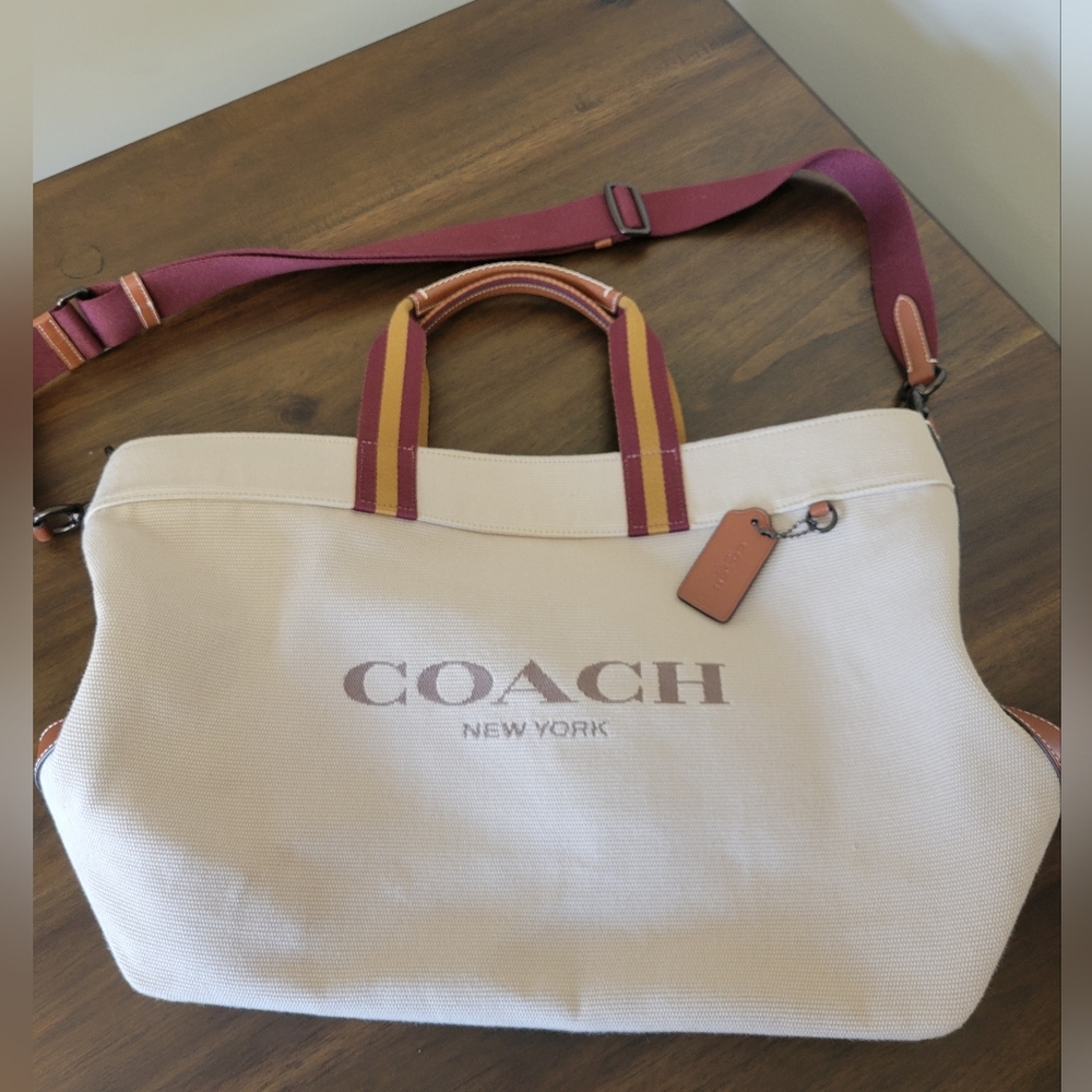 Coach Beige and Burgundy Canvas Tote Bag 38. SOLD OUT ONLINE. New Without Tags. - Picture 9 of 11